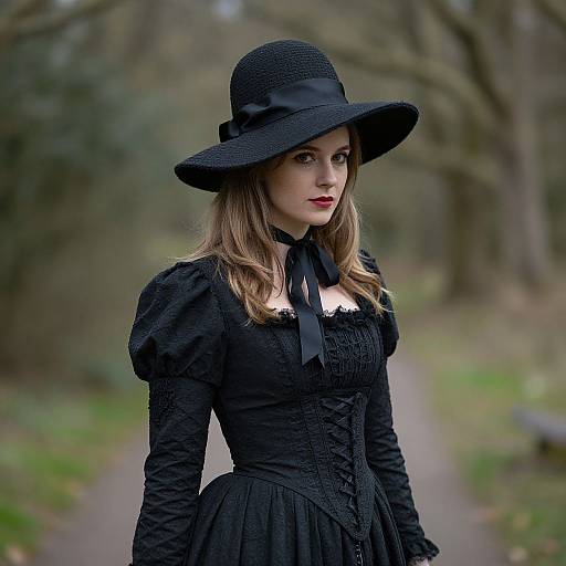 Photograph of a pale-skinned woman with red lipstick, wearing a black lace dress and wide-brimmed hat, standing on a forest path.