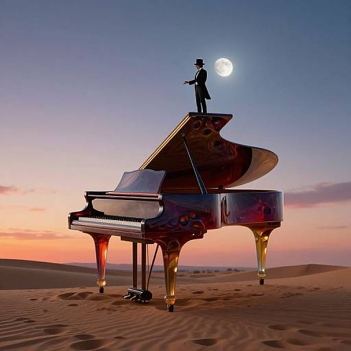 Photograph of a silhouetted pianist in a top hat standing on an open grand piano in a desert at sunset, with a full moon
