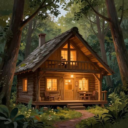 Digital illustration of a cozy, lit wooden cabin in a dense forest, with a small porch, chairs, and warm yellow lights.