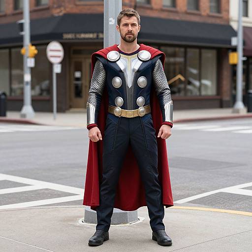 Photograph of a bearded man in a detailed superhero costume with a red cape, black and silver armor, and silver circular medallions, standing