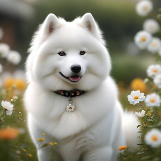 Realistic Samoyed Surrounded by Flowers