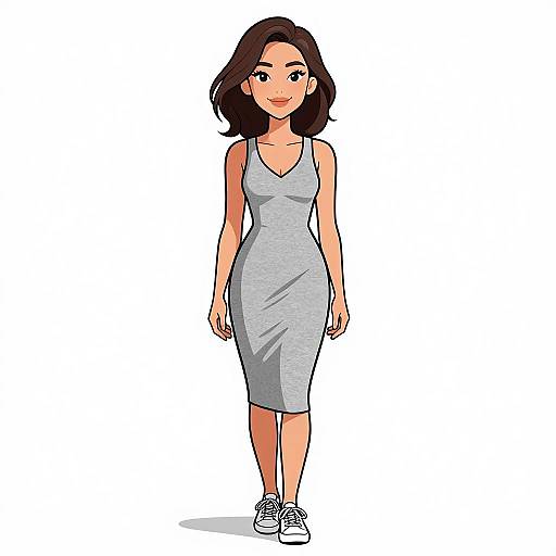Digital illustration of a smiling Asian woman with shoulder-length brown hair, wearing a grey, sleeveless, form-fitting dress and white sneakers, standing against