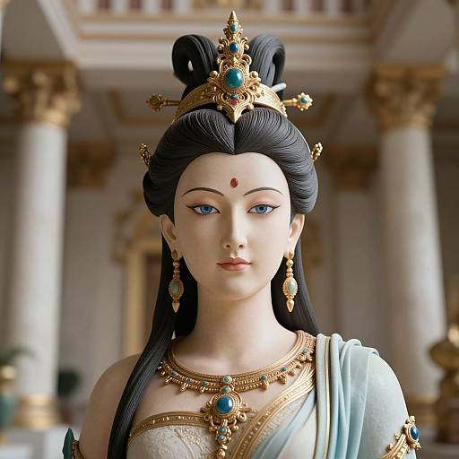 Digital artwork of an elegant Asian queen with fair skin, blue eyes, black hair in an updo, adorned with gold jewelry and a turquoise gem,