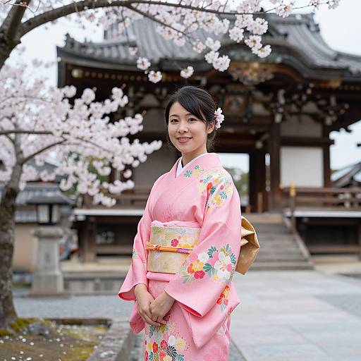 Photograph of a smiling Japanese woman in a pink floral kimono, standing in front of a traditional wooden temple with cherry blossoms.
