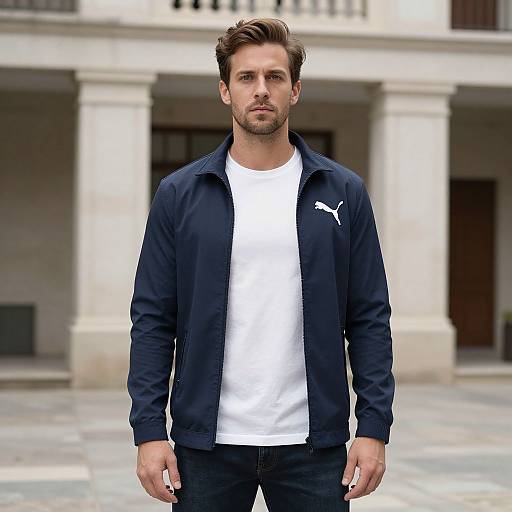 Photograph of a handsome, bearded man with short brown hair, wearing a navy Puma jacket over a white t-shirt, standing in front of