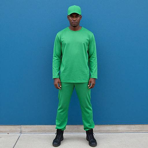Man in Green Outfit by Blue Wall