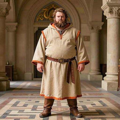 Plus Size Man in Medieval Robe Standing in Ornate Hallway