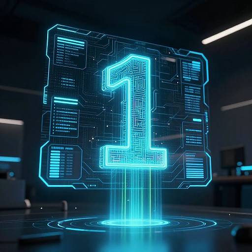 Digital CGI image of a glowing blue neon number 