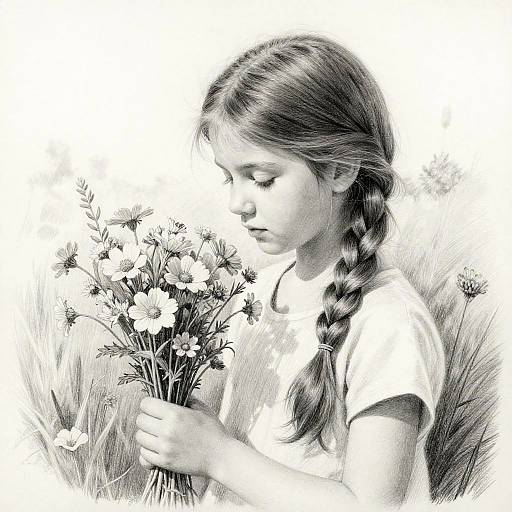 Pencil Drawing of Girl with Wildflowers