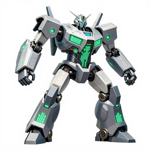 Digital illustration of a white and gray humanoid robot with glowing green accents, angular armor, and detailed mechanical joints, standing against a white background.