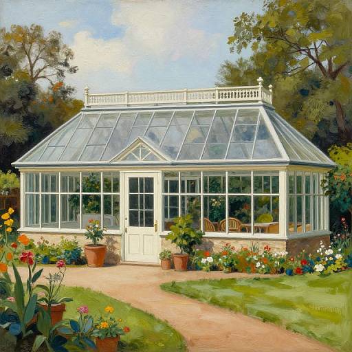 Colorful digital painting of a white Victorian-style glass greenhouse surrounded by vibrant flowers, potted plants, and a winding dirt path in a lush garden.