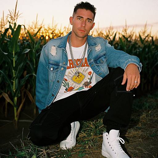 Photograph of a young man with short dark hair, wearing a distressed denim jacket, white graphic tee, black pants, and white sneakers, crou