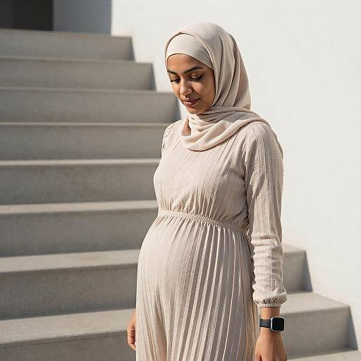 Pregnant Woman in Hijab on Steps