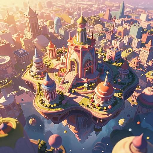 Whimsical, colorful CGI cityscape with floating, dome-topped island structures amidst sunlit skyscrapers, vibrant greenery, and floating balloons