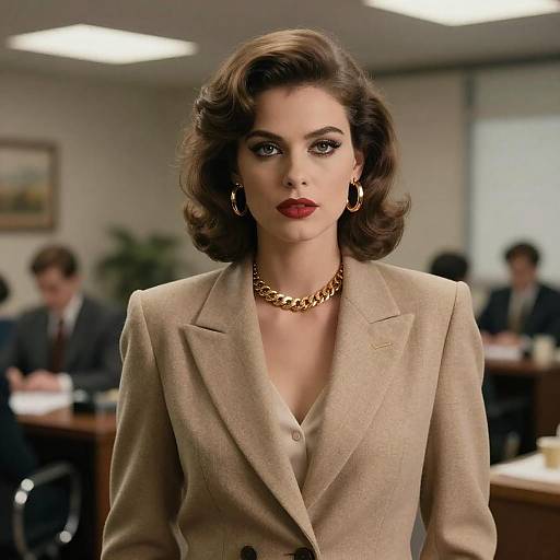 Photograph of a confident brunette woman in 1950s-style, beige blazer, gold necklace, and red lipstick, standing in a blurred office