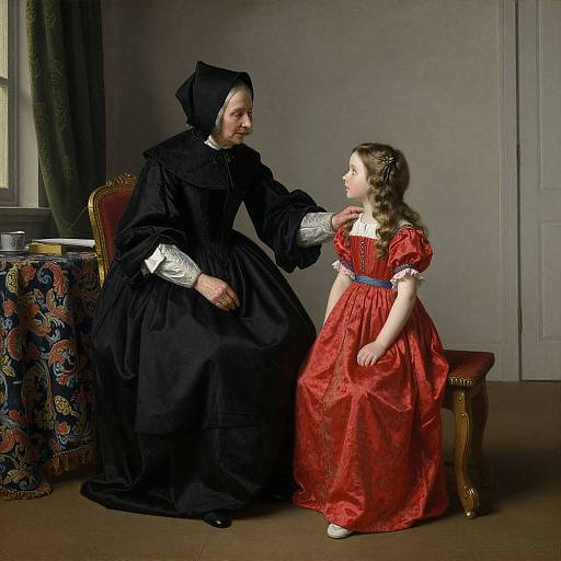 Photograph of a 17th-century-style scene: a black-clad woman with white lace cuffs gently touches the cheek of a young girl in a