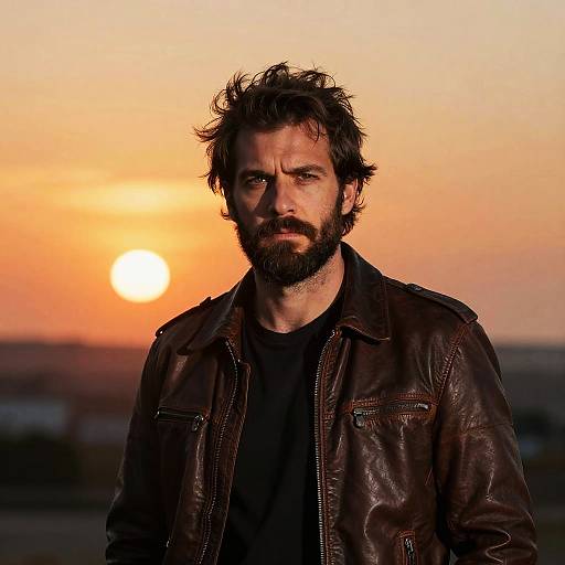 Photograph of a rugged, bearded man with messy dark hair, wearing a brown leather jacket, against a vibrant orange sunset.