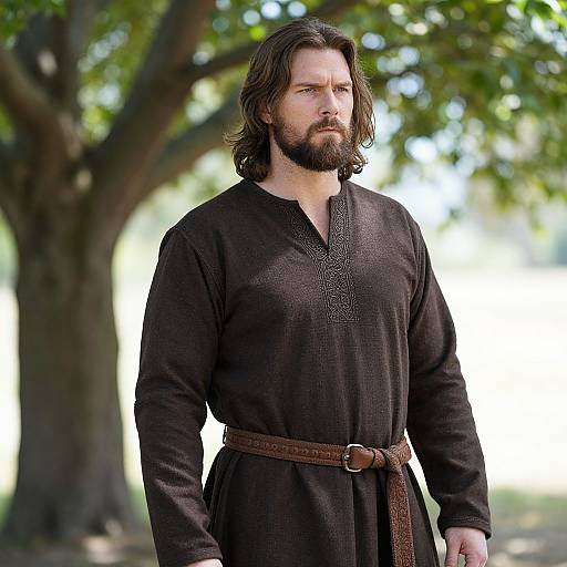 Photograph of a bearded white man with shoulder-length brown hair, wearing a black medieval-style tunic and brown belt, standing outdoors under a large