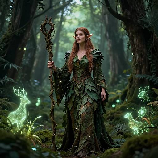 Photorealistic fantasy image of an elf woman with long red hair, green leafy dress, and twisted staff, standing in a glowing forest with eth