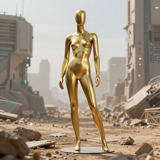 Digital art of a golden, featureless, nude woman statue standing in a ruined, post-apocalyptic urban street with debris and broken buildings.