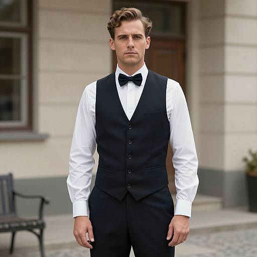 Photograph of a handsome, serious-looking young man with short brown hair, wearing a black vest, white shirt, and black bow tie, standing in