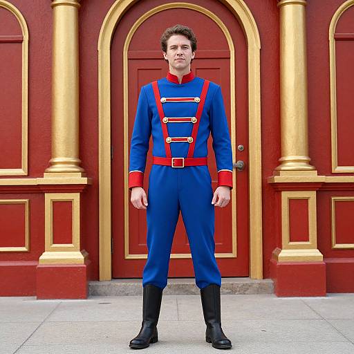 Photograph of a young man in a blue military-style uniform with red accents, standing in front of ornate red and gold doors. Black boots,