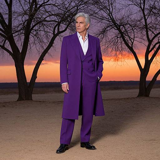 Photograph of a silver-haired man in a purple three-piece suit, white shirt, standing in a barren desert at sunset, with silhouetted