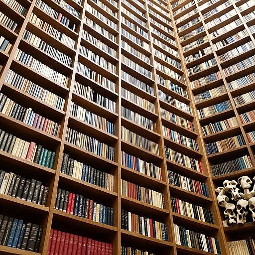 Photograph of towering wooden bookshelves filled with colorful books, stretching upwards, with a cluster of black-and-white skulls at the bottom right.