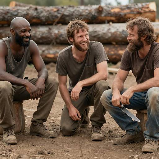 Rugged Dirt-Covered Trio Laughing Together