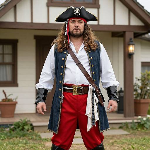 Photograph of a bearded man with long brown hair, dressed as a pirate, standing in front of a white house with brown trim. He wears