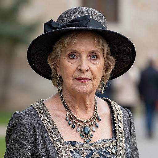 Photograph of an elderly woman with short blonde hair, wearing a black hat, vintage black dress, intricate necklace, and earrings, against a blurred outdoor