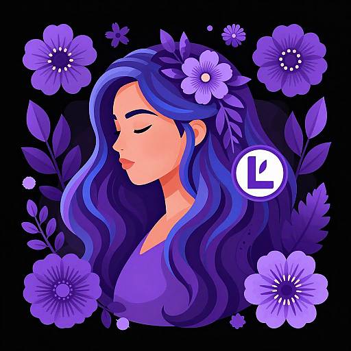 Digital illustration of a serene woman with closed eyes, long wavy blue-purple hair adorned with purple flowers, surrounded by vivid purple flowers and a white 