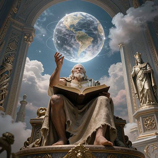 Photograph-like CGI of an elderly bearded man in regal attire, sitting on an ornate throne, holding a glowing Earth above an open book