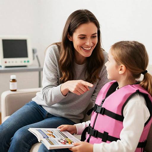 Woman Laughing with Girl Wearing Pink Life Vest Indoors
