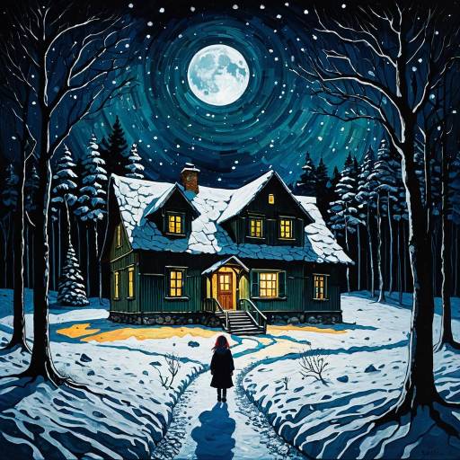 Mysterious Winter Night House with Girl