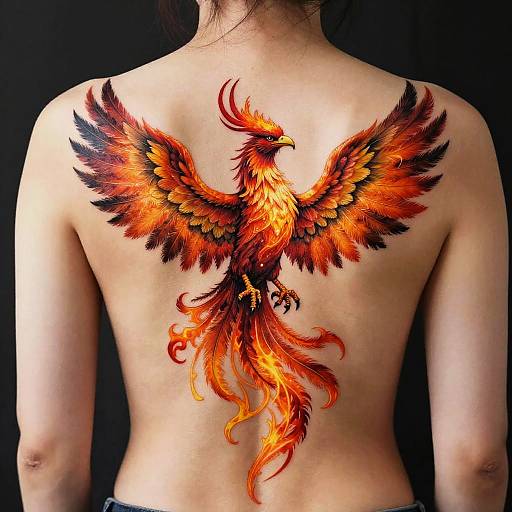 Photograph of a bare-back Asian woman with a vibrant, detailed, fiery phoenix tattoo spanning her upper back, set against a black background.