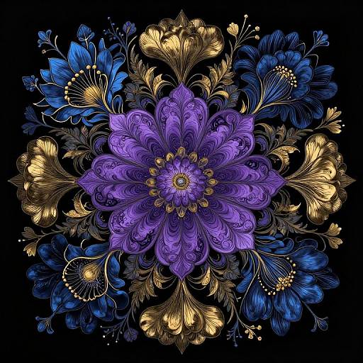 Digital artwork of a vibrant, symmetrical floral mandala with a central purple flower, surrounded by gold and blue petals and leaves, set against a black
