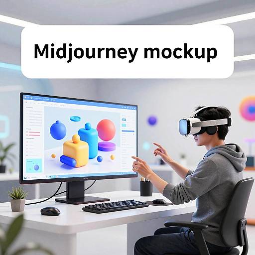 Photograph: Young man in virtual reality headset and gray hoodie, seated at modern white desk, working on colorful digital mockup on computer screen. 