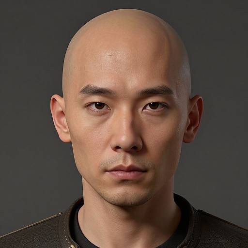 Photograph of a bald, light-skinned Asian man with smooth skin, brown eyes, and a neutral expression, wearing a dark shirt, against a