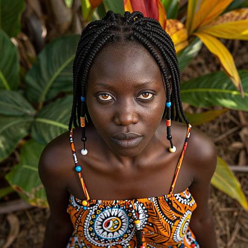 Photograph of a dark-skinned woman with braided hair, wearing an orange and white patterned dress, standing among vibrant green and yellow tropical leaves
