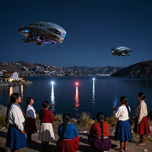Photograph: Nighttime lake scene with six Indigenous children in traditional clothes watching two futuristic hovering spacecraft above illuminated water reflections.
