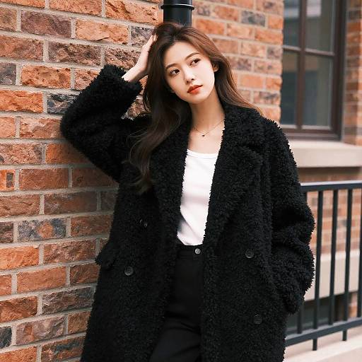 Stylish Young Woman Against Brick Wall