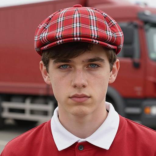 Young man in red plaid flat cap and shirt