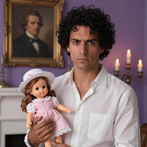 Serious Man with Doll in Elegant Setting