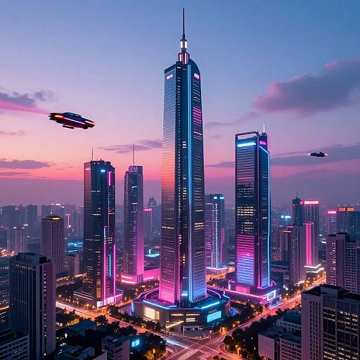 Neon-lit futuristic cityscape at dusk, featuring towering skyscrapers with vibrant pink and blue lights, UFOs hovering, and bustling streets below