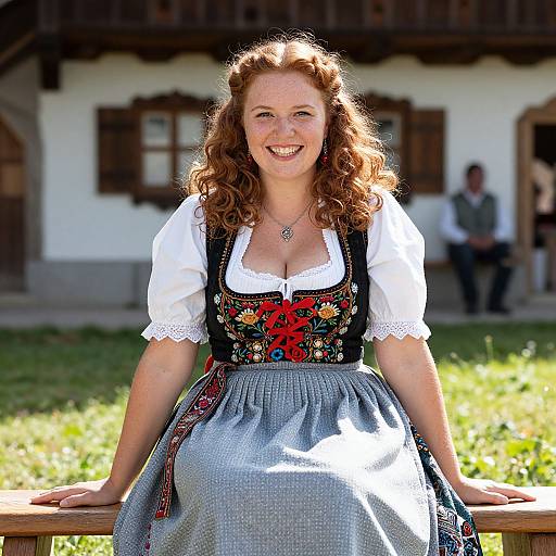 Photograph of a smiling red-haired woman in a traditional Bavarian dirndl with colorful embroidery, standing outdoors in front of a wooden house.