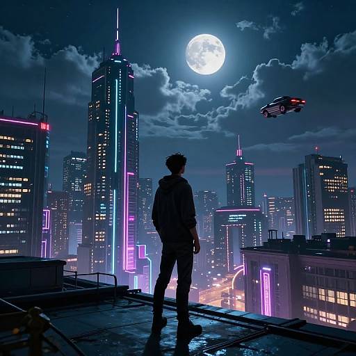 Digital art: Silhouetted figure on rooftop, neon-lit cityscape, full moon, flying drone, futuristic skyscrapers, glowing lights