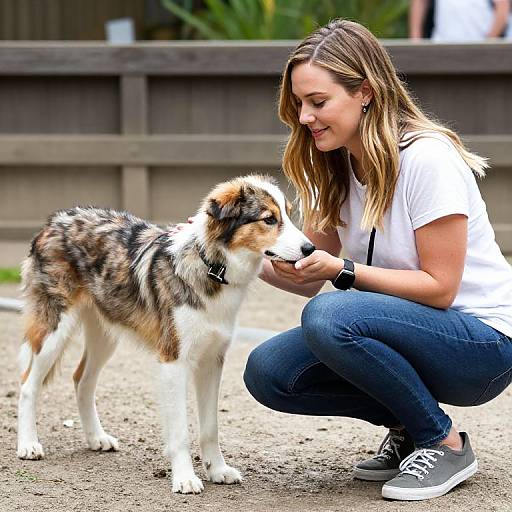 Photograph of a smiling young woman with blonde hair, wearing a white shirt and blue jeans, crouching to feed a tri-colored Australian Shepherd dog