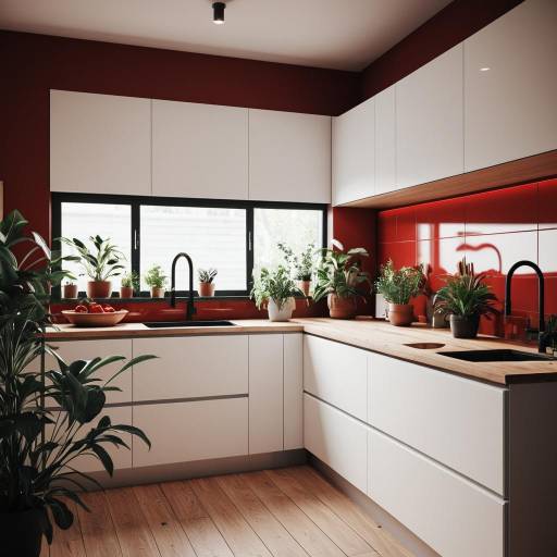 Modern Kitchen with White Cabinets and Red Accents