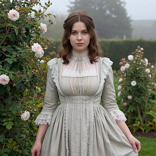 Photograph of a fair-skinned woman with dark brown wavy hair, wearing a vintage, light gray, lace-trimmed dress in a rose